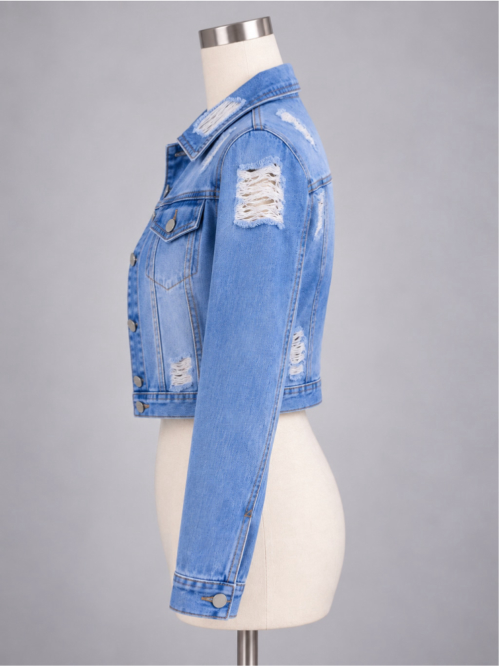 Distressed Blue Ripped Button-Up Denim Jacket – Size M - Picture 6 of 8